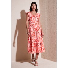 Lela Desenli Regular Fit Kare Yaka Volanlı Midi Elbise Kadın Elbise 611EL501