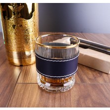 Perlotus 5 Oz 150 cc Lacivert Deri Kılıflı Cep Tipi Çelik Viski Içki Matarası ve Gold Viski Bardağı Seti