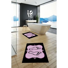 Evdeya Dijital Baskılı Yıkanabilir Modern Ayak Izi Desenli Ikili Banyo Halısı, Klozet-20-Pembe,