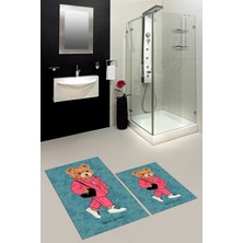 Evdeya Dijital Baskılı Yıkanabilir Ayıcık Desenli Ikili Banyo Halısı Paspas, Klozet-34-Mavi,