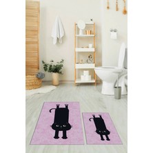 Evdeya Dijital Baskılı Yıkanabilir Sevimli Kedi Ikili Banyo Halısı Paspas, Klozet-39-Pembe,