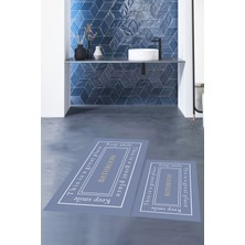 Evdeya Dijital Baskılı Yıkanabilir Desenli Bathroom Yazılı Ikili Banyo Paspası, Klozet-5-Mavi,