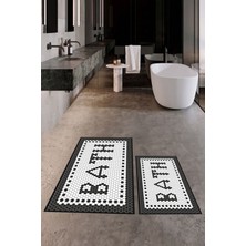 Evdeya Dijital Baskılı Mozaik Desenli Bath Yazılı Ikili Banyo Paspası, Klozet-7-Siyah,