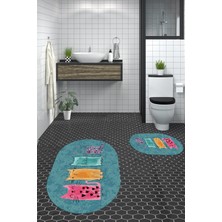 Evdeya Dijital Baskılı Yıkanabilir Renkli Kediler Desenli Ikili Banyo Halısı Oval, Klozet-41-Mavi,