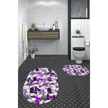 Evdeya 3D Dijital Baskılı Yıkanabilir Kelebek Desenli Ikili Banyo Halısı Paspas Oval, Klozet-44-Mor,