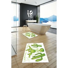 Evdeya Dijital Baskılı Yıkanabilir Kaktüs Desenli Ikili Banyo Halısı Paspas, Klozet-23-Beyaz,