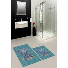 Evdeya Dijital Baskılı Yıkanabilir Modern Fil Desenli Ikili Banyo Halısı Paspas, Klozet-33-Mavi,