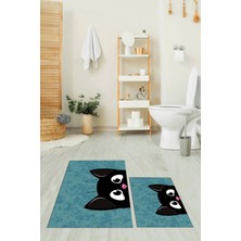 Evdeya Dijital Baskılı Yıkanabilir Kedi Desenli Ikili Banyo Halısı Paspas, Klozet-40-Mavi,