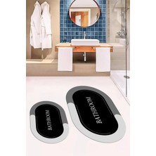 Evdeya Dijital Baskılı Yıkanabilir Bathroom Yazılı Oval Banyo Paspası, Klozet-02-Siyah,