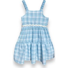 Little Tortoise Kız Çocuk Mavi Ekoseli Fırfırlı Elbise