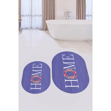 Evdeya Dijital Baskılı Yıkanabilir Çiçekli Home Yazılı Ikili Oval Banyo Halısı Paspas, Klozet-12-Mor,
