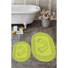 Evdeya Dijital Baskılı Yıkanabilir Çerçeveli Ayak Izi Desenli Ikili Oval Banyo Halısı, Klozet-18-Yeşil,