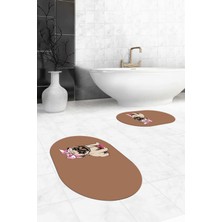 Evdeya Dijital Baskılı Yıkanabilir Sevimli Köpek Ikili Banyo Halısı Paspas Oval, Klozet-38-Kahve,