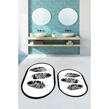 Evdeya Dijital Baskılı Yıkanabilir Renkli Yapraklı Desen Ikili Banyo Halısı Oval, Klozet-26-Beyaz,