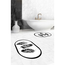 Evdeya Dijital Baskılı Yıkanabilir Renkli Yapraklı Desen Ikili Banyo Halısı Oval, Klozet-26-Beyaz,