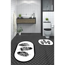 Evdeya Dijital Baskılı Yıkanabilir Renkli Yapraklı Desen Ikili Banyo Halısı Oval, Klozet-26-Beyaz,