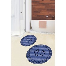 Evdeya Dijital Baskılı Yıkanabilir Çerçeveli Ayak Izi Desenli Ikili Yuvarlak Banyo Halısı, Klozet-19-Mavi,