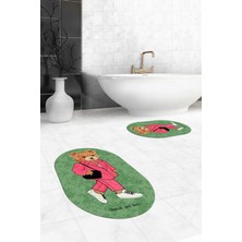 Evdeya Dijital Baskılı Yıkanabilir Ayıcık Desenli Ikili Banyo Halısı Paspas Oval, Klozet-34-Yeşil,
