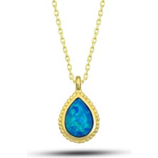 Aya Diamond Gümüş Gold Damla Mavi Opal Taşlı Kadın Kolye
