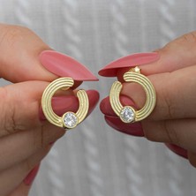 Aya Diamond Gümüş Gold Tektaş Halka Kadın Çivili Küpe