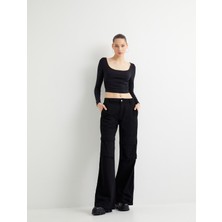 Koton Uzun Kollu Crop Tişört U Yaka Drape Detaylı
