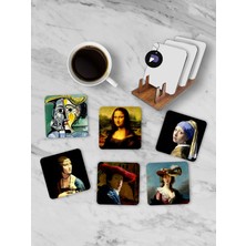 Postermanya Ünlü Kadın Portreleri Standlı Ahşap Bardak Altlığı Seti, 6 Adet Baskılı Bardak Fincan Kahve Altlığı
