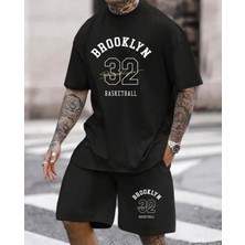 Amor Man Büyük Beden Özel Tasarım Brooklyn 32 Dijital Baskılı 2 Iplik Ultra Rahat Erkek T-Shırt Şort Takımı