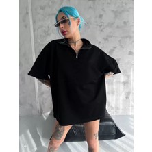 Tarz Yeri Unisex Yarım Fermuarlı Basic T-Shirt - Siyah