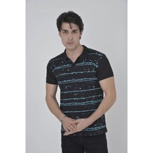 Tarz Yeri Erkek Yakalı Slim Fit Pike Çizgili T-Shirt - Siyah
