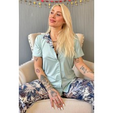 Pijama Evi Mint Florado Exclusive Önden Düğmeli Kısa Kollu Kadın Pijama Takımı