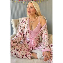 Pijama Evi Açık Pembe Flore Exclusive Örme Sabahlıklı Kadın Pijama Takımı