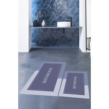 Evdeya Dijital Baskılı Yıkanabilir Bathroom Yazılı Ikili Banyo Paspası, Klozet-2-Mavi,