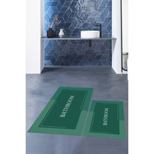 Evdeya Dijital Baskılı Yıkanabilir Bathroom Yazılı Ikili Banyo Paspası, Klozet-2-Yeşil,