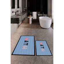 Evdeya Dijital Baskılı Yıkanabilir Renkli Bath Yazılı Ikili Banyo Paspası, Klozet-8-Mavi,