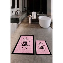 Evdeya Dijital Baskılı Yıkanabilir Çerçeveli Bath Yazılı Ikili Banyo Halısı Paspas, Klozet-10-Pembe,