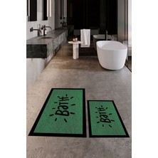 Evdeya Dijital Baskılı Yıkanabilir Çerçeveli Bath Yazılı Ikili Banyo Halısı Paspas, Klozet-10-Yeşil,