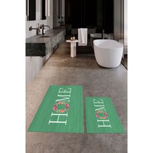 Evdeya Dijital Baskılı Yıkanabilir Çiçekli Home Yazılı Ikili Banyo Halısı Paspas, Klozet-12-Yeşil,