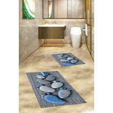 Evdeya 3d Dijital Baskılı Yıkanabilir Ayak Izi Desenli Ikili Banyo Halısı Paspas, Klozet-15-Mavi,