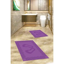 Evdeya Dijital Baskılı Yıkanabilir Çerçeveli Ayak Izi Desenli Ikili Banyo Halısı, Klozet-18-Mor,