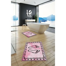 Evdeya Dijital Baskılı Yıkanabilir Çerçeveli Ayak Izi Desenli Ikili Banyo Halısı, Klozet-19-Pembe,