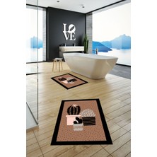 Evdeya Dijital Baskılı Yıkanabilir Kaktüs Çiçek Desenli Ikili Banyo Halısı, Klozet-22-Kahve,