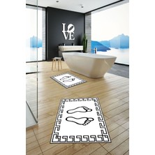Evdeya Dijital Baskılı Yıkanabilir Çerçeveli Ayak Izi Desenli Ikili Banyo Halısı, Klozet-19-Beyaz,