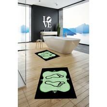 Evdeya Dijital Baskılı Yıkanabilir Modern Ayak Izi Desenli Ikili Banyo Halısı, Klozet-20-Yeşil,