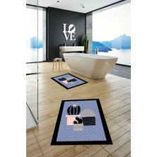 Evdeya Dijital Baskılı Yıkanabilir Kaktüs Çiçek Desenli Ikili Banyo Halısı, Klozet-22-Mavi,