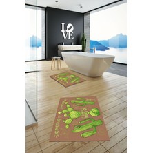 Evdeya Dijital Baskılı Yıkanabilir Kaktüs Desenli Ikili Banyo Halısı Paspas, Klozet-23-Kahve,