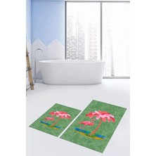 Evdeya Dijital Baskılı Yıkanabilir Flamingo Desenli Ikili Banyo Halısı Paspas, Klozet-30-Yeşil,