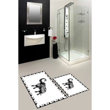 Evdeya Dijital Baskılı Yıkanabilir Fil Desenli Ikili Banyo Halısı Paspas, Klozet-32-Beyaz,