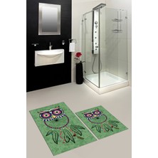 Evdeya Dijital Baskılı Yıkanabilir Baykuş Desenli Ikili Banyo Halısı Paspas, Klozet-35-Yeşil,