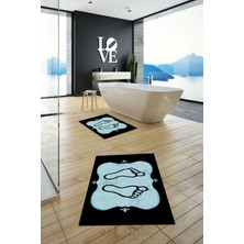 Evdeya Dijital Baskılı Yıkanabilir Modern Ayak Izi Desenli Ikili Banyo Halısı, Klozet-20-Mavi,