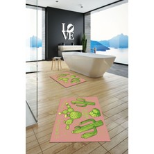 Evdeya Dijital Baskılı Yıkanabilir Kaktüs Desenli Ikili Banyo Halısı Paspas, Klozet-23-Pembe,